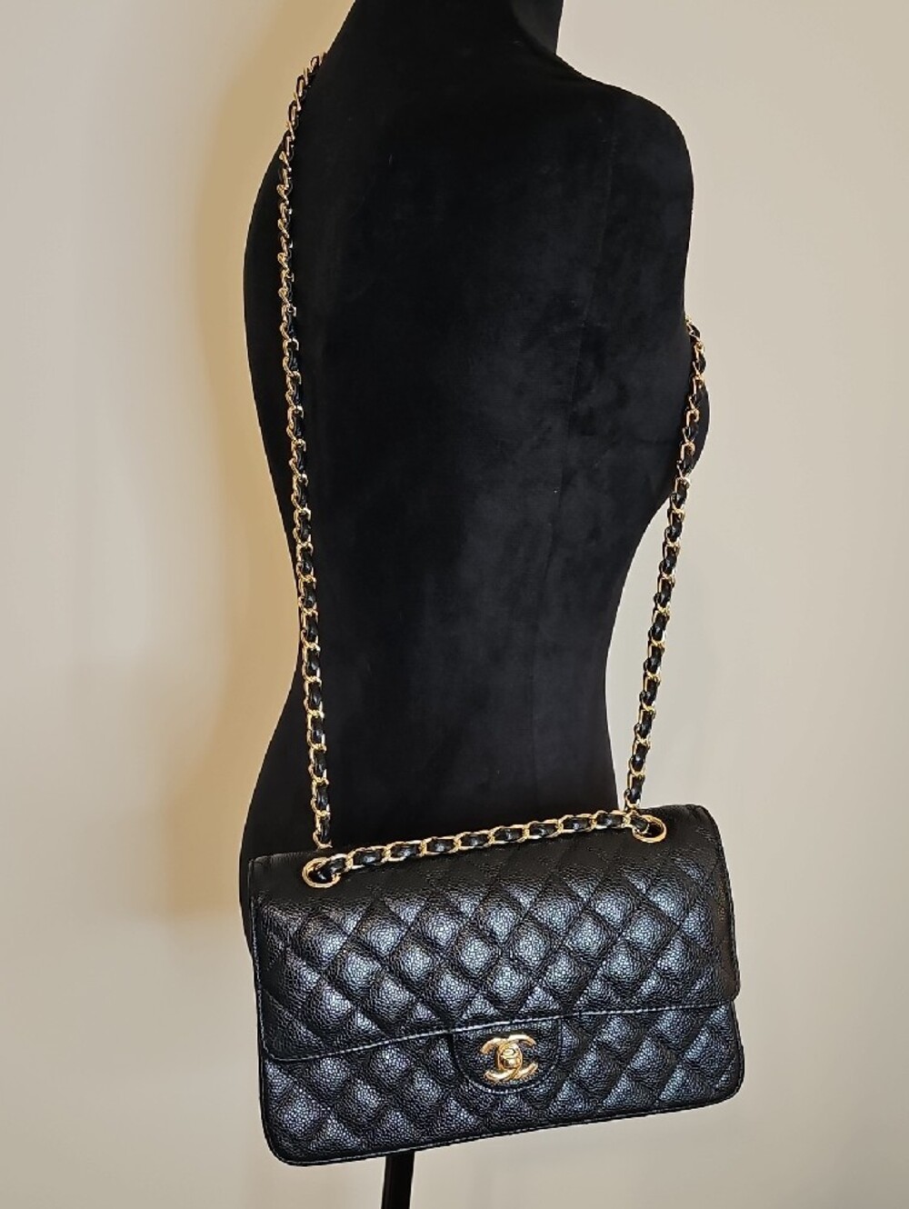 Black Quilted Shoulder Classic Flap Bag with Gold Chain Strap - Picture 9 of 16